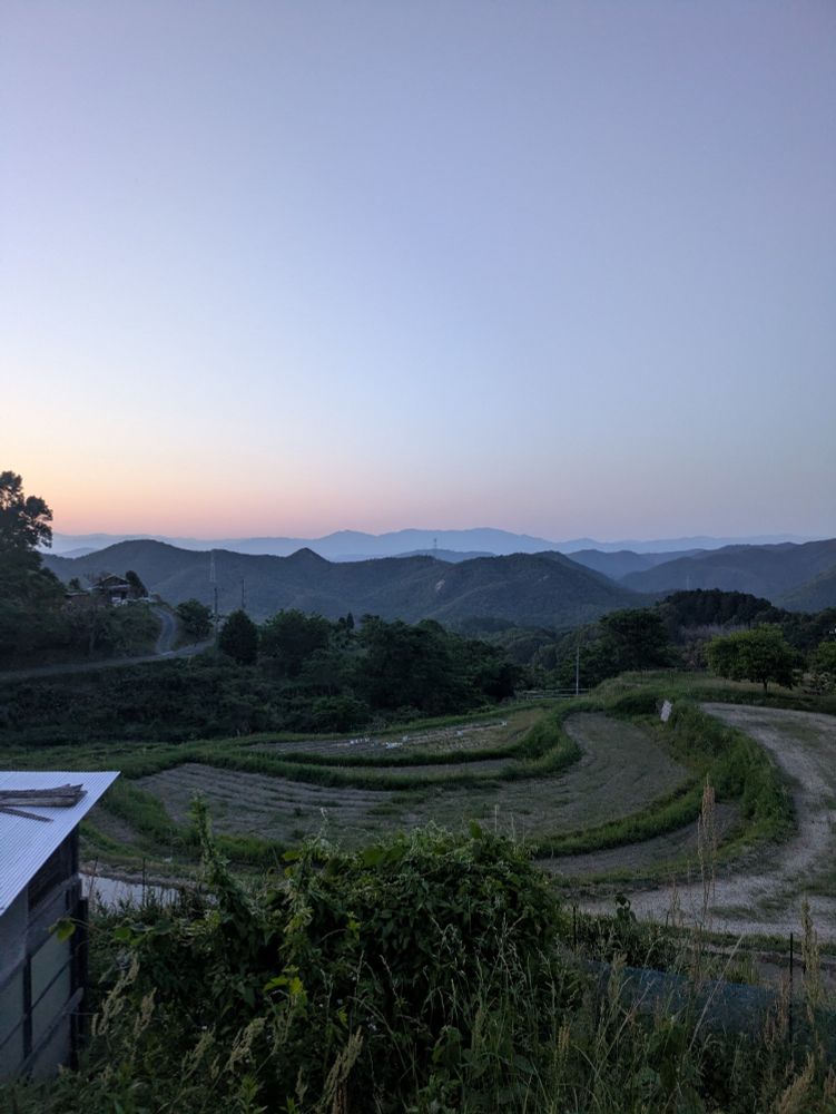 ​An aerial view of Japanese terraced rice fields, known as "Tanada," during the peaceful hours of sunset. The sky displays a beautiful gradient, shifting from a warm, subtle orange near the mountain horizon to a clear, pale blue above. The layered, curved ridges of the freshly planted fields create organic, undulating lines that follow the contours of the green mountainsides. Dense trees and wild grasses frame the foreground, while a few winding agricultural paths trace the edges of the fields. A sliver of a corrugated metal roof is visible in the bottom-left corner, adding a touch of rustic life to the vast natural landscape.
