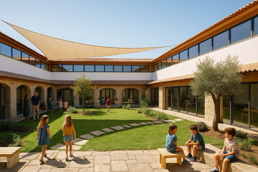Sunlit school courtyard with a grass lawn. Children of various ages are seated or walking together, talking in pairs and small groups.