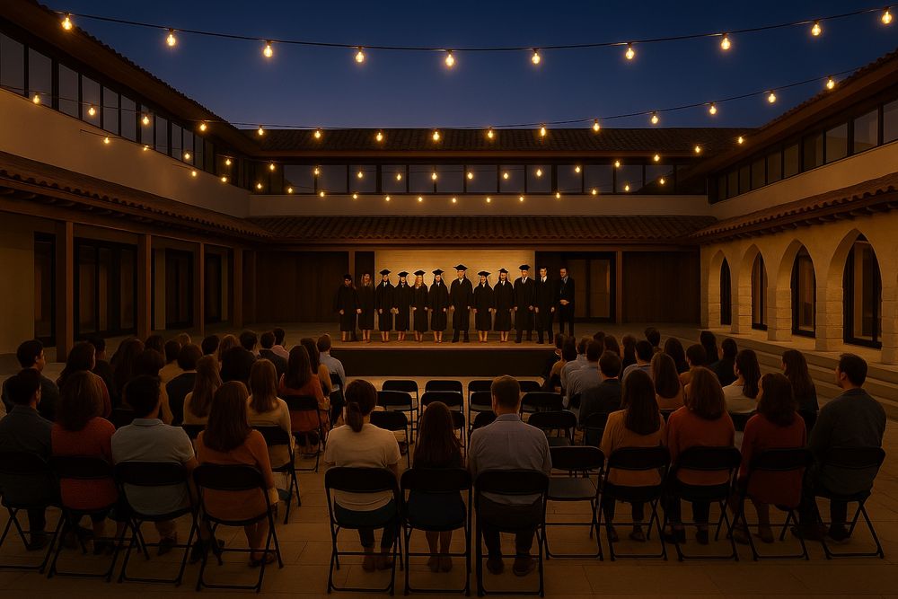 Evening graduation ceremony in a courtyard. String lights hang above, illuminating students in caps and gowns on stage. Audience seated on folding chairs facing the stage, surrounded by arched breezeways and a warm, welcoming atmosphere.