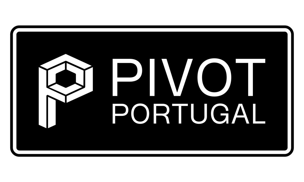 Pivot Portugal Logo: White on black, Penrose-shape inspired P at left.