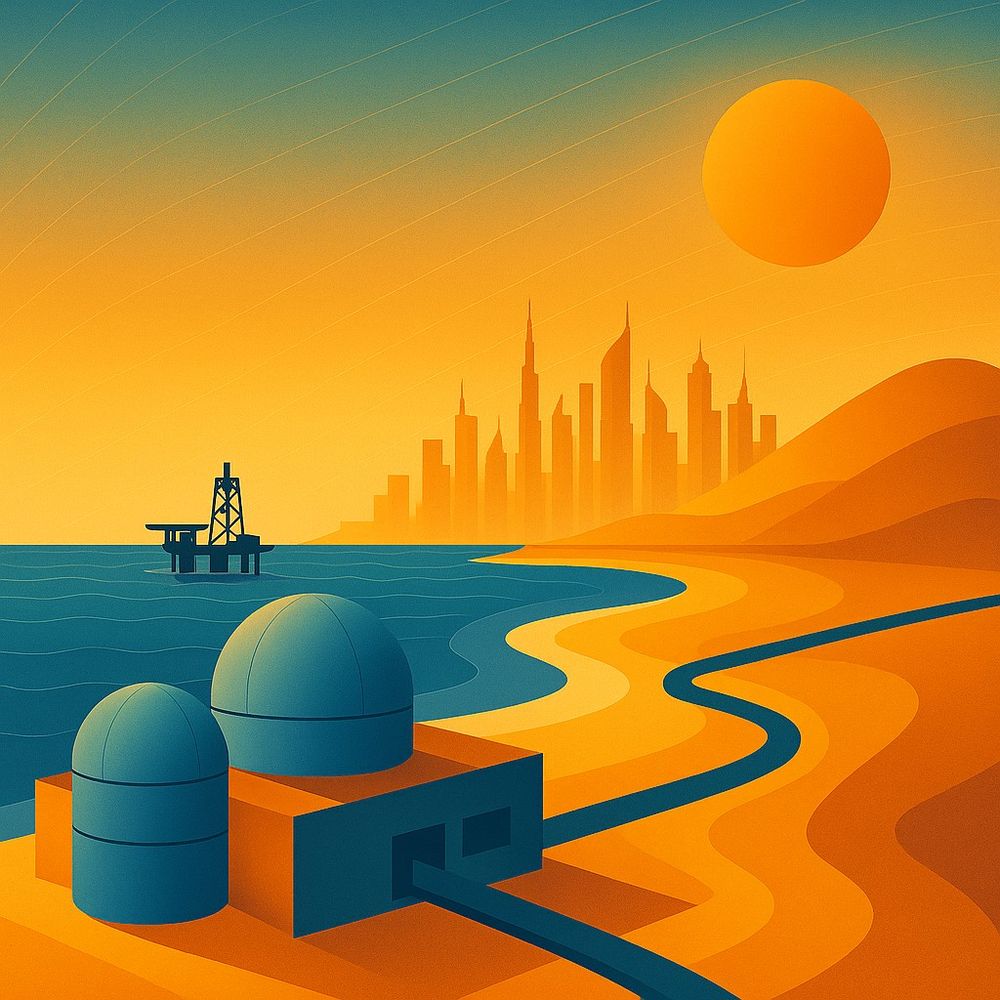 Stylised, retro-futuristic coastal scene showing a Marisol-type cooling plant in the foreground and a Dubai-like skyline in the distance, all in warm oranges and cool blues. Two domed structures sit on a simple blocky building, with a dark pipeline running along the beach toward the shimmering high-rise city, suggesting district cooling delivered from the coast. The sun hangs over the right side of the scene, radiating gentle concentric lines that evoke abundant solar energy. An offshore platform sits unused on the left, symbolising a legacy fossil asset, while the clean shoreline and clear sky imply reduced fuel burn, fewer emissions and less air pollution. The composition hints at money and risk being shifted away from diesel and grid expansion toward durable infrastructure—pipes, domes and coastal works—as a way to cut cooling electricity demand, avoid CO₂ and make the city’s climate footprint smaller over time.