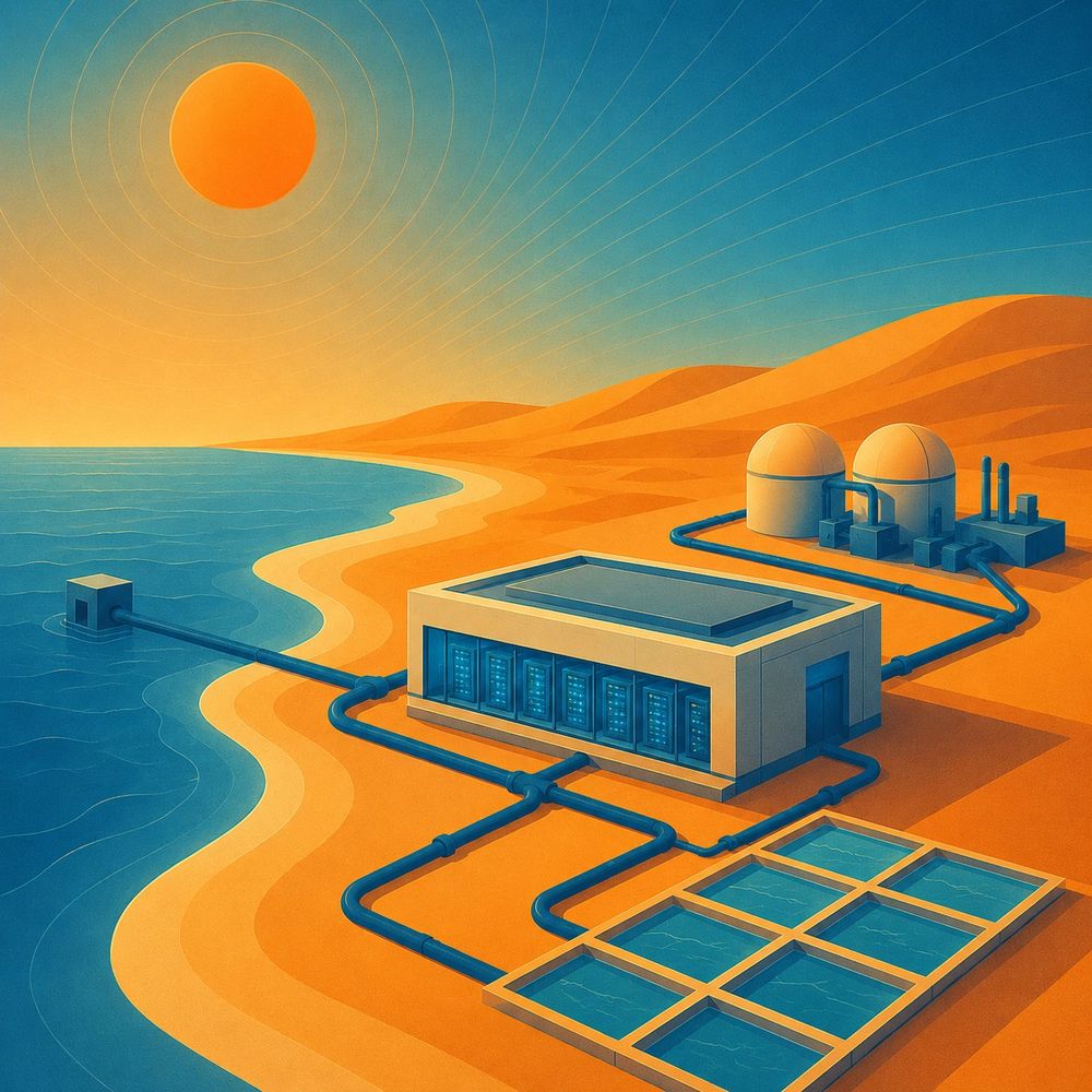 Retro-futuristic square illustration of a coastal data center cooled by a Marisol-style marine-brine system. A compact, land-based data center with visible glowing server racks sits near the shoreline, connected by dark blue pipes to a small seawater intake box offshore, a grid of shallow brine ponds in the foreground, and a cooling plant with domed storage tanks in the background. The scene uses warm orange sand, dunes and sunlight contrasted with cool blue seawater and technical infrastructure, showing how clean internal cooling loops, seawater heat rejection, brine management and thermal storage can work together as integrated coastal energy-water-compute infrastructure.