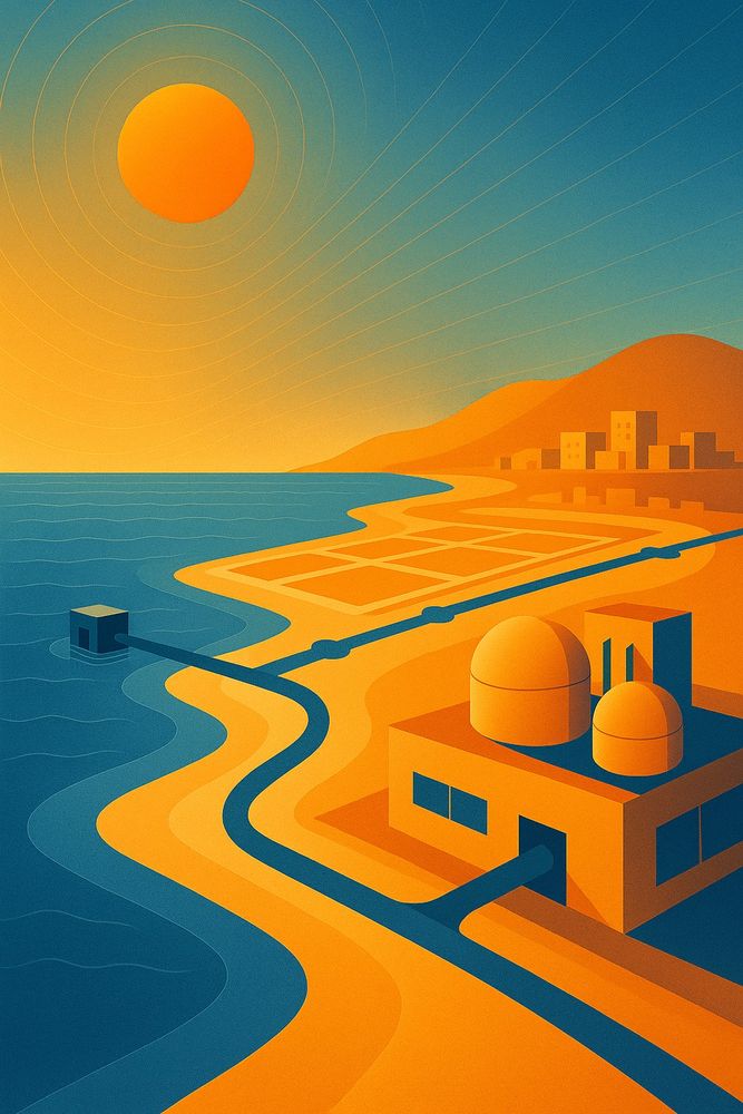 Stylised retro-futuristic illustration of a coastal engineering scheme for sea-salt cooling. In the foreground is a compact process building in warm orange tones, like a small industrial plant; two smooth domed vessels on its roof resemble storage tanks or reactors used in chemical processing. A dark blue buried pipeline exits the plant, follows the shoreline as a gently curving conduit, and terminates offshore at a cube-shaped seawater intake structure, suggesting engineered hydraulics and low-velocity abstraction. Mid-scene, a grid of shallow rectangular basins sits on reclaimed land just above the waterline, evoking engineered solar brine ponds or crystallisation beds with levees and berms. Further inland, simple blocky buildings form a dense coastal district at the foot of rounded hills, hinting at the urban load being cooled. Above, a large orange sun in a gradient sky with concentric lines suggests solar driving energy for evaporation and regeneration, tying together civil works, pipelines, and chemical processing into a single coastal cooling system.
