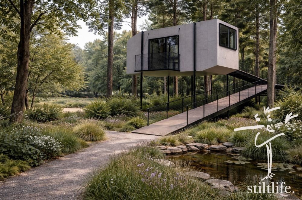 the stilt house with barrier-free access in a natural scenery.  
Foto: Stiltlife GmbH & Co. KG