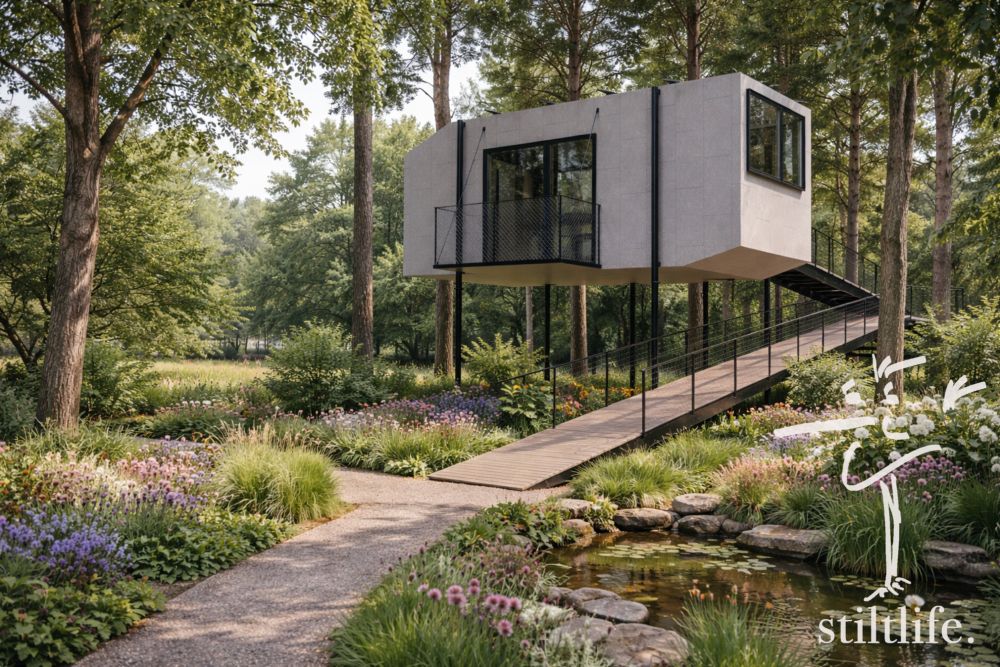 the stilt house with barrier-free access in a natural scenery.  
Foto: Stiltlife GmbH & Co. KG