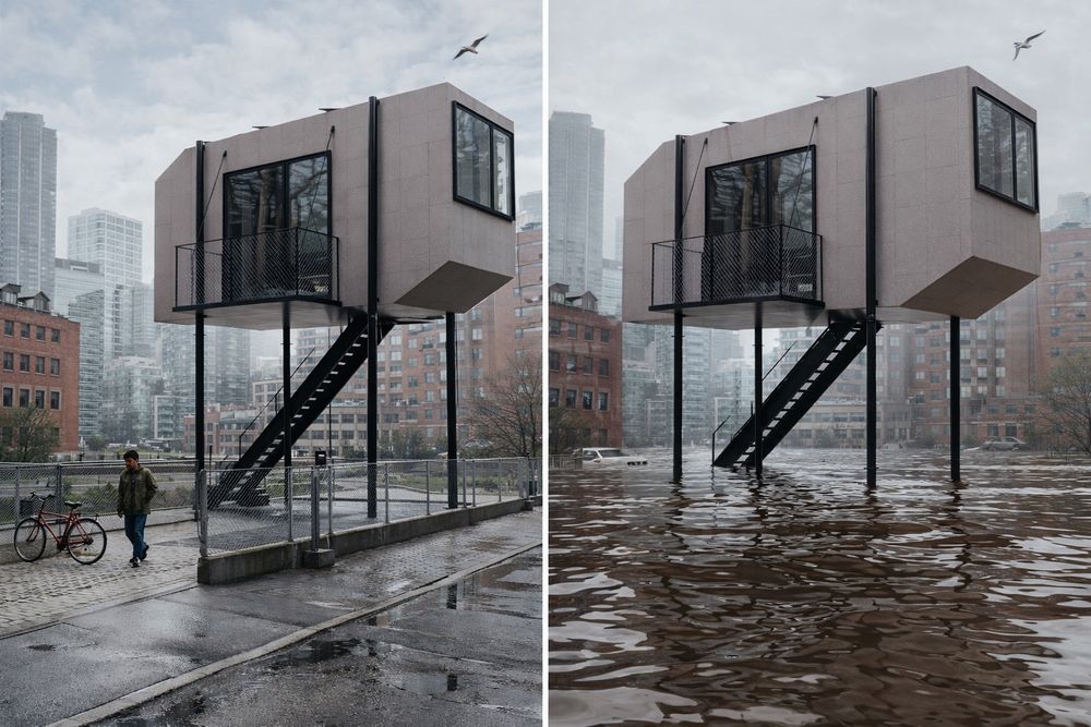 Rising water levels cannot damage the architecture and ground nails (instead of the foundation).
Renderings: Stiltlife GmbH & Co. KG