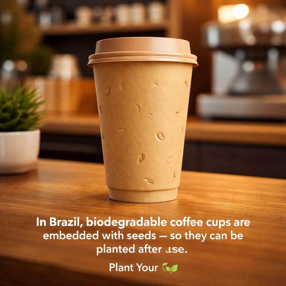 An image of Brazil's biodegradable coffee cups embedded with seeds to foster sustainability 