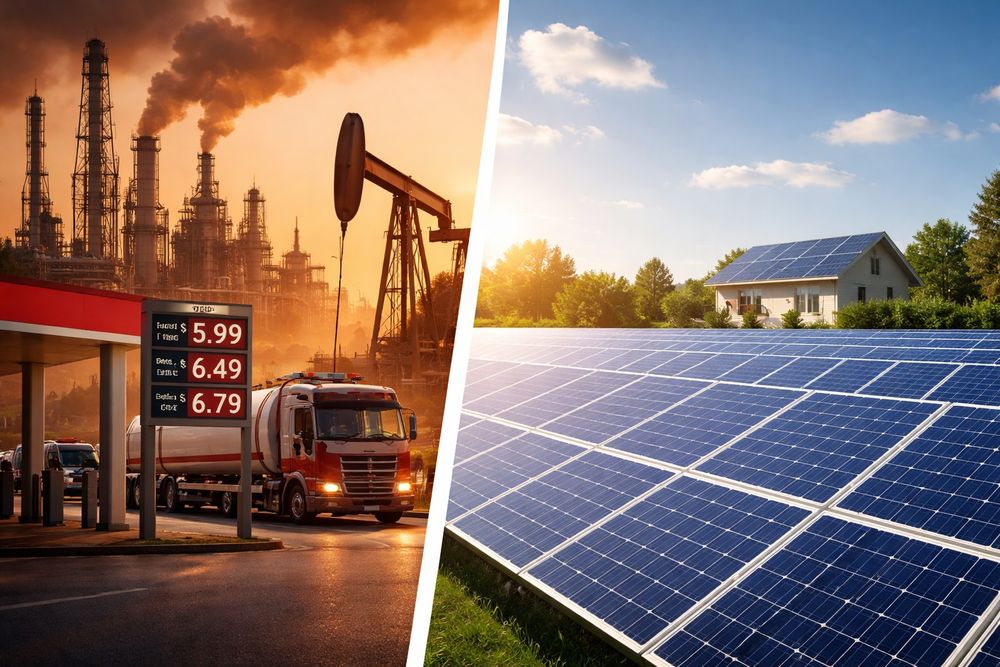 A split image showing oil prices and solar on the other side 