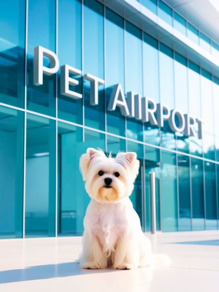 AI generated image of a small white fluffy dog sitting in front of glass building featuring the words Pet Airport.