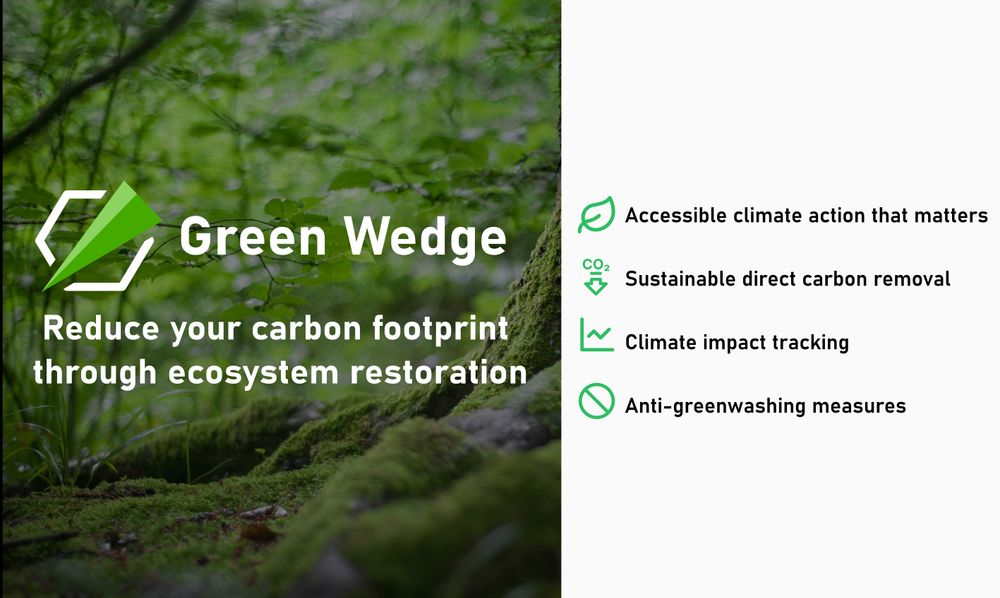 On the left, picture of the forest with overlayed Green Wedge logo and tagline  "Reduce your carbon footprint through ecosystem restoration. On the right on a white background, there is a list of main benefits, with corresponding green icons: Accessible climate action that matters (leaf icon), Sustainable direct carbon removal (CO2 with downward arrow), Climate impact tracking (graph), Anti-greenwashing measures (crossed circle).