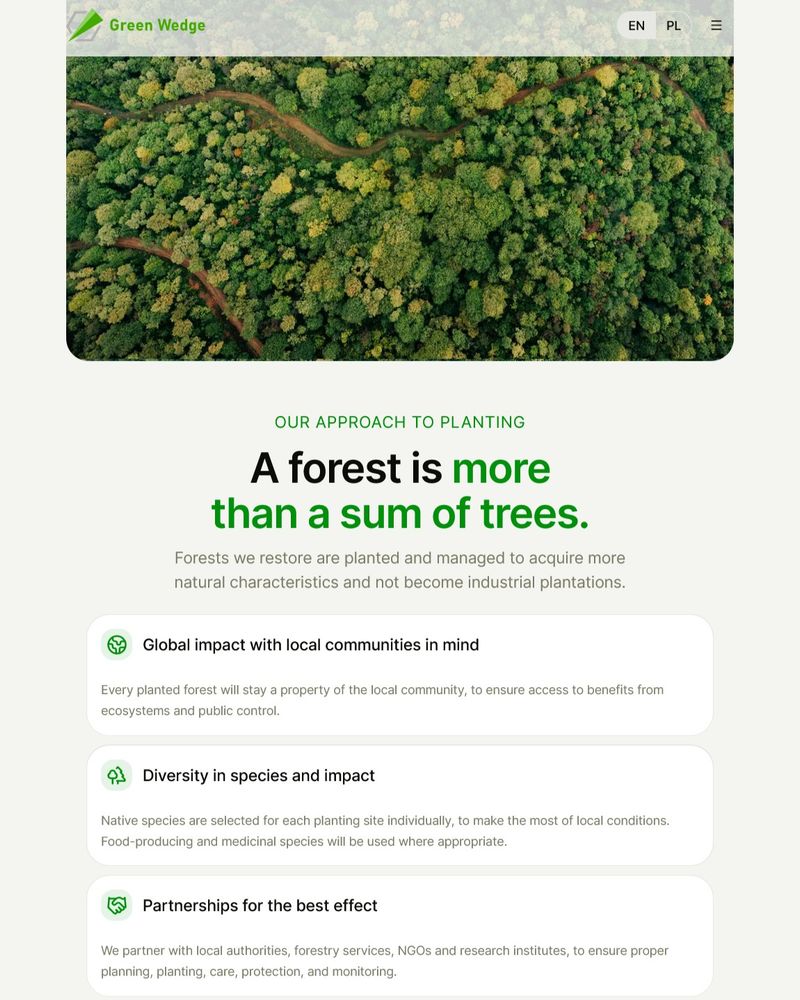 Picture of a forest with a caption below: "A forest is more than a sum of trees" and listed main Green Wedge planting principles: global impact with local communities in mind, diversity in species and impact, and partnerships for the best effect.