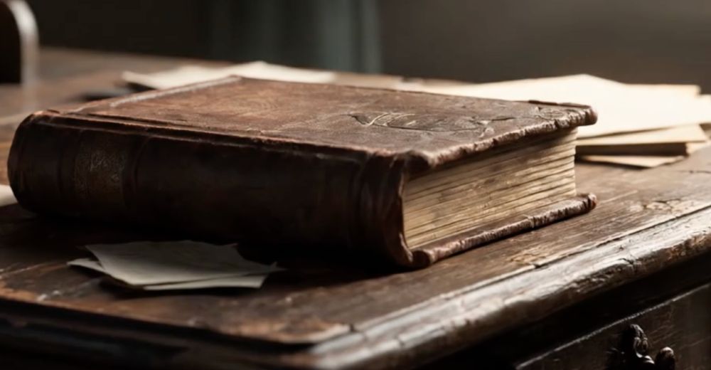 An old leather bound book sits on a wooden desk