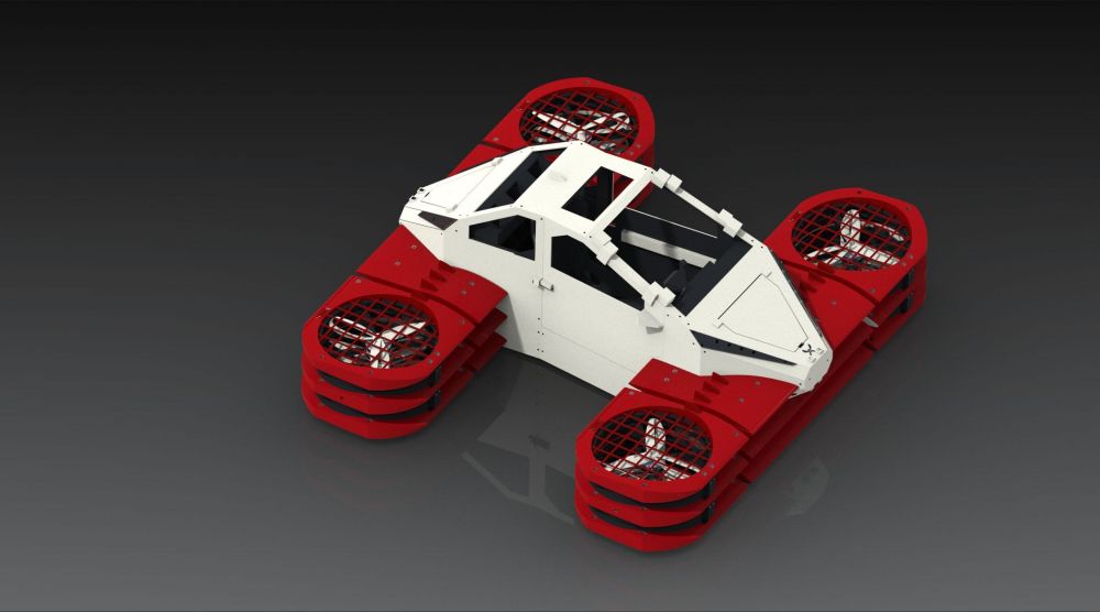 A digital render of the Lorenz Aeroboticar, a futuristic white and red flying car with four large ducted fans mounted at each corner. The design features tandem-fan tipped wings, giving it a bold, aerodynamic look. The vehicle has a sleek, angular cabin resembling a sports car, and is shown floating against a dark gradient background.