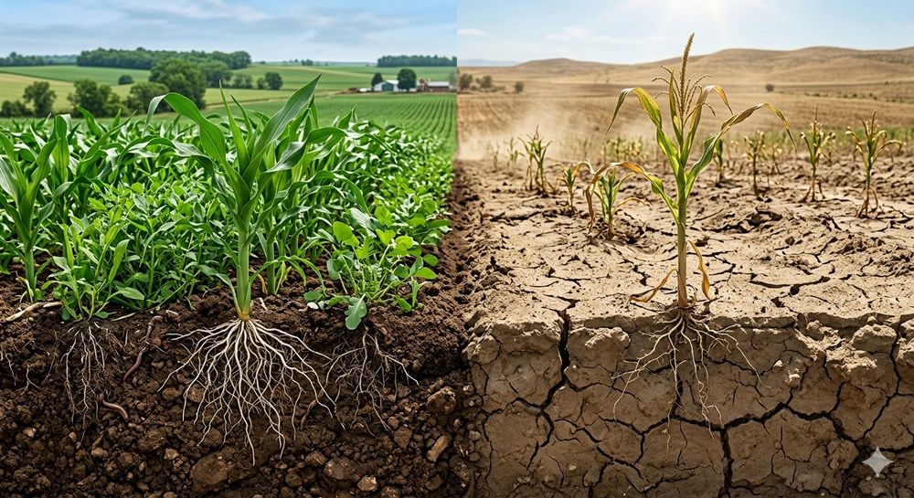 The foundation of our food system lies beneath our feet. 🌱 This powerful contrast highlights the critical difference between healthy and degraded soil. On the left, rich, dark earth teeming with life supports strong root systems and vibrant, lush crops. On the right, dry, cracked, and depleted soil struggles to sustain even the weakest plants. Soil degradation threatens global food security and our ecosystems, but regenerative agriculture offers a path forward. By restoring organic matter and biodiversity, we can heal our land, retain water, and grow stronger, healthier crops for the future. The choice is in our hands. 🌍🌾 #SoilHealth #RegenerativeAgriculture #Sustainability #Environment #SaveOurSoil