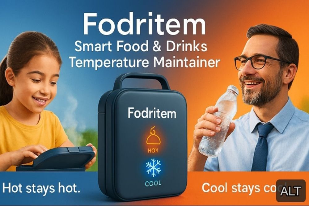 Promotional image for Fodritem, a smart food and drinks temperature maintainer. The image features a young girl holding a food container and a man drinking from a bottle, both using Fodritem. Icons labeled “HOT” and “COOL” highlight the product’s dual functionality. The tagline reads “Hot stays hot. Cool stays cool.” The post includes phrases like “Let’s Build Fodritem Together” and “Greetings Innovators,” emphasizing collaboration and innovation. The product is introduced as a smart lunch pack designed for everyday use.