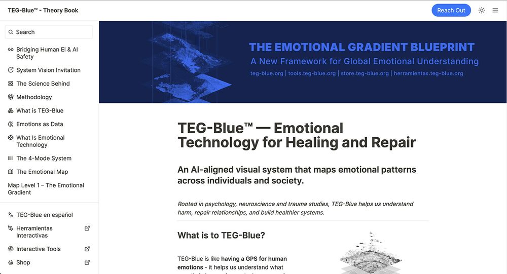 Screenshot of the TEG-Blue™ website titled The Emotional Gradient Blueprint — A New Framework for Global Emotional Understanding. The page shows sections such as “Bridging Human EI & AI Safety,” “The Science Behind,” and “The Emotional Map,” introducing TEG-Blue as an AI-aligned visual system that maps emotional patterns across individuals and society.